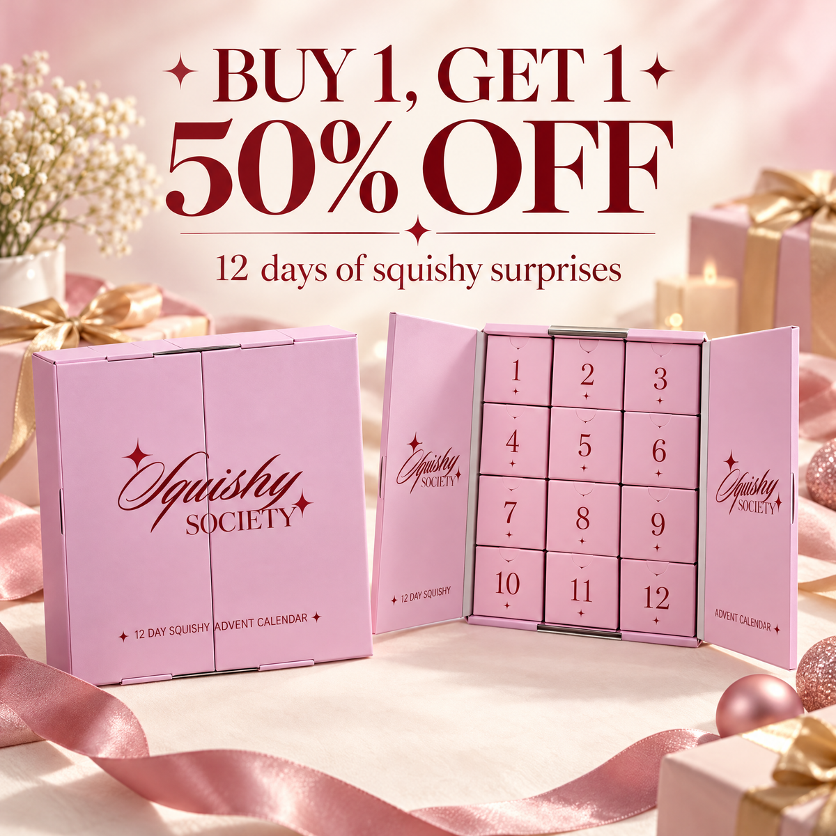Squishy Society pink advent calendars and gifting offer